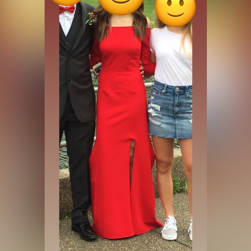 Sherri Hill Red Off the Shoulder Dress with Slit and Removable Bustle Train